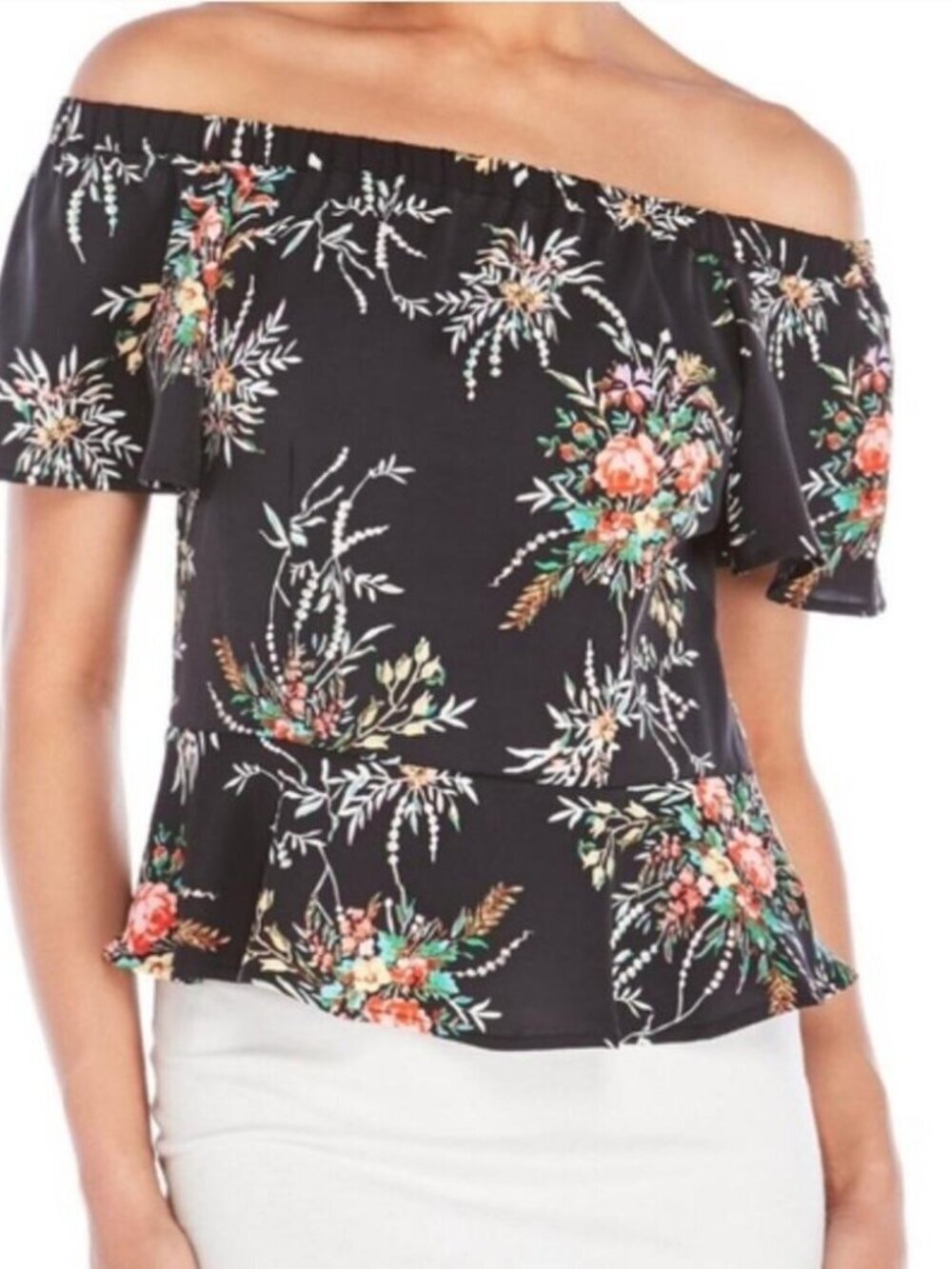 Nanette Lepore Black Floral Off Shoulder Peplum Top Size Large
